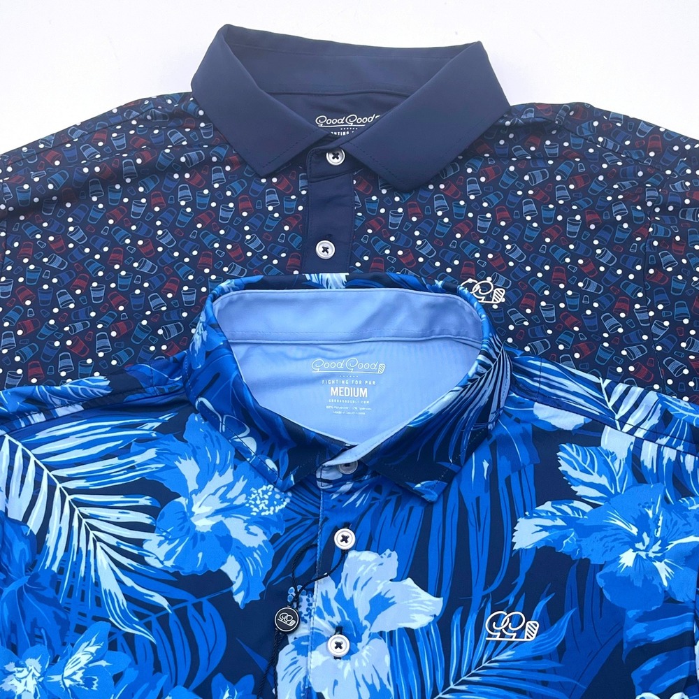 Lot of 2 Good Good Golf Polos Mens Medium Blue Tropical Floral & Beer Pong Print
